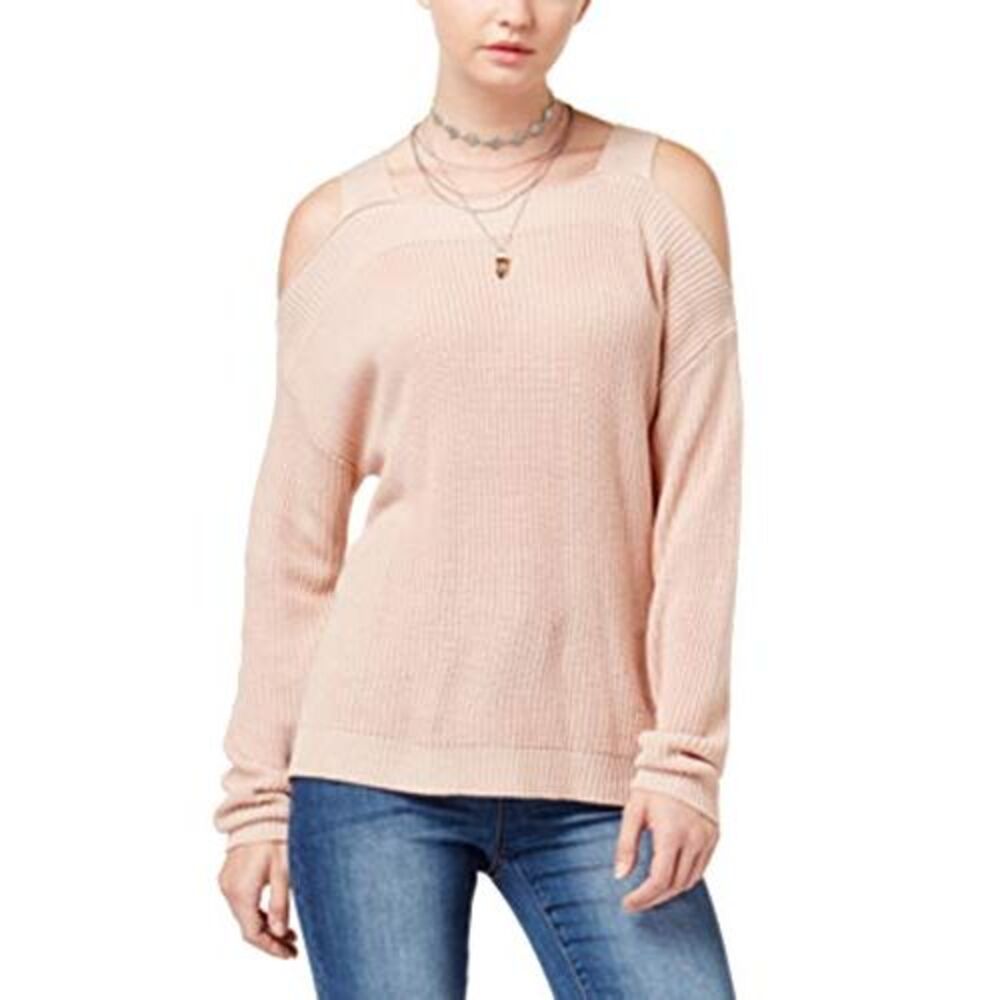Hooked Up by IOT Juniors' Knit Cold-Shoulder Sweater Pink Dust XL